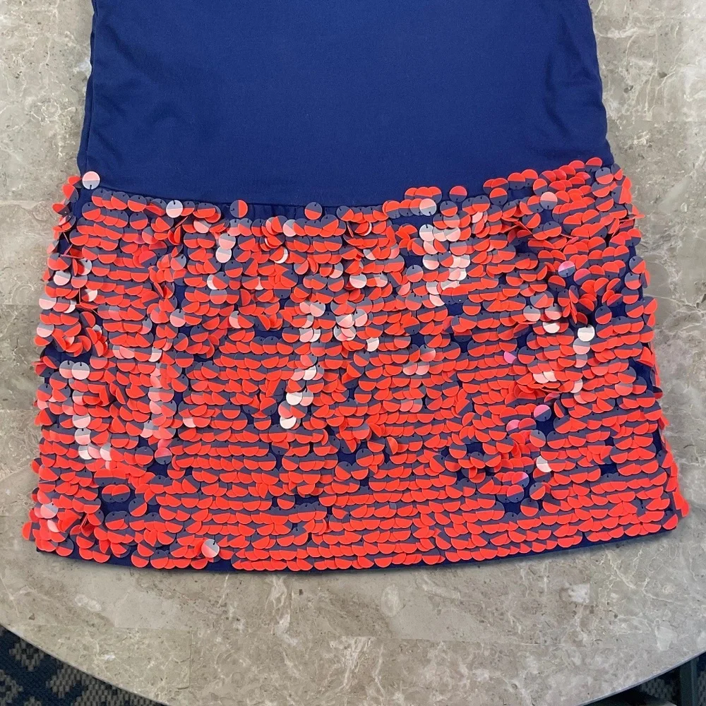Crewcuts Navy shift dress with coral party discs Size 7